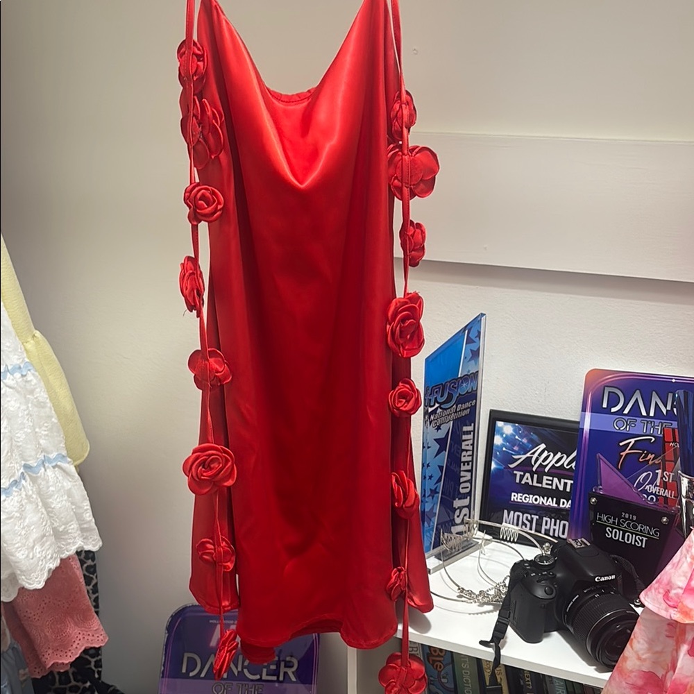 Elegant Red Dress with Floral Accents